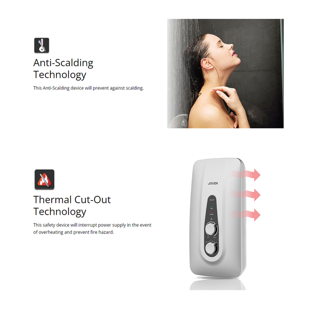 JOVEN 3600W DC Inverter Silent Pump Water Heater SB11iP | 5 Spray Showerhead | SFS Technology | Durable Copper Heating Element | Water Heater with 1 Year Warranty