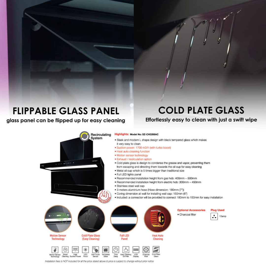 SENZ Heat Pro interClean Cooker Hood SZ-CH3288AC / SZ-CH8380AC / SZ-CH9050AC | Motion Sensor Technology | Smart Cleaning | LED Lamp | Cooker Hood with 1 Year Warranty