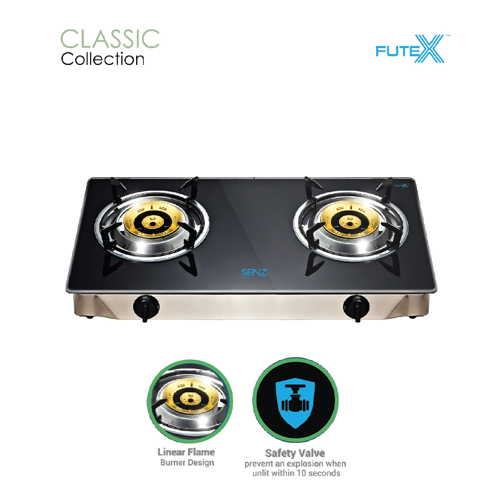 SENZ 2 Burners Portable Table Top SPIRAL/LINEAR FLAME Gas Stove with Safety Valve SZ-GS202/SZ-GS303| Futex Glass Heat Resistance