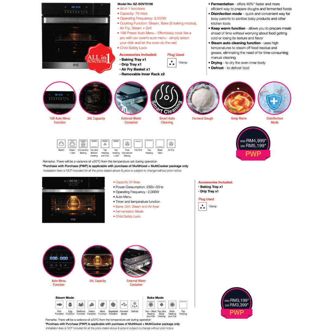 SENZ FlexiSteam Pro IntelClean Oven  SZ-SOV3412/SZ-SOV70108 | Steam Mode | Child Safety Lock | Smart Auto Cleaning | Oven with 1 Year Warranty