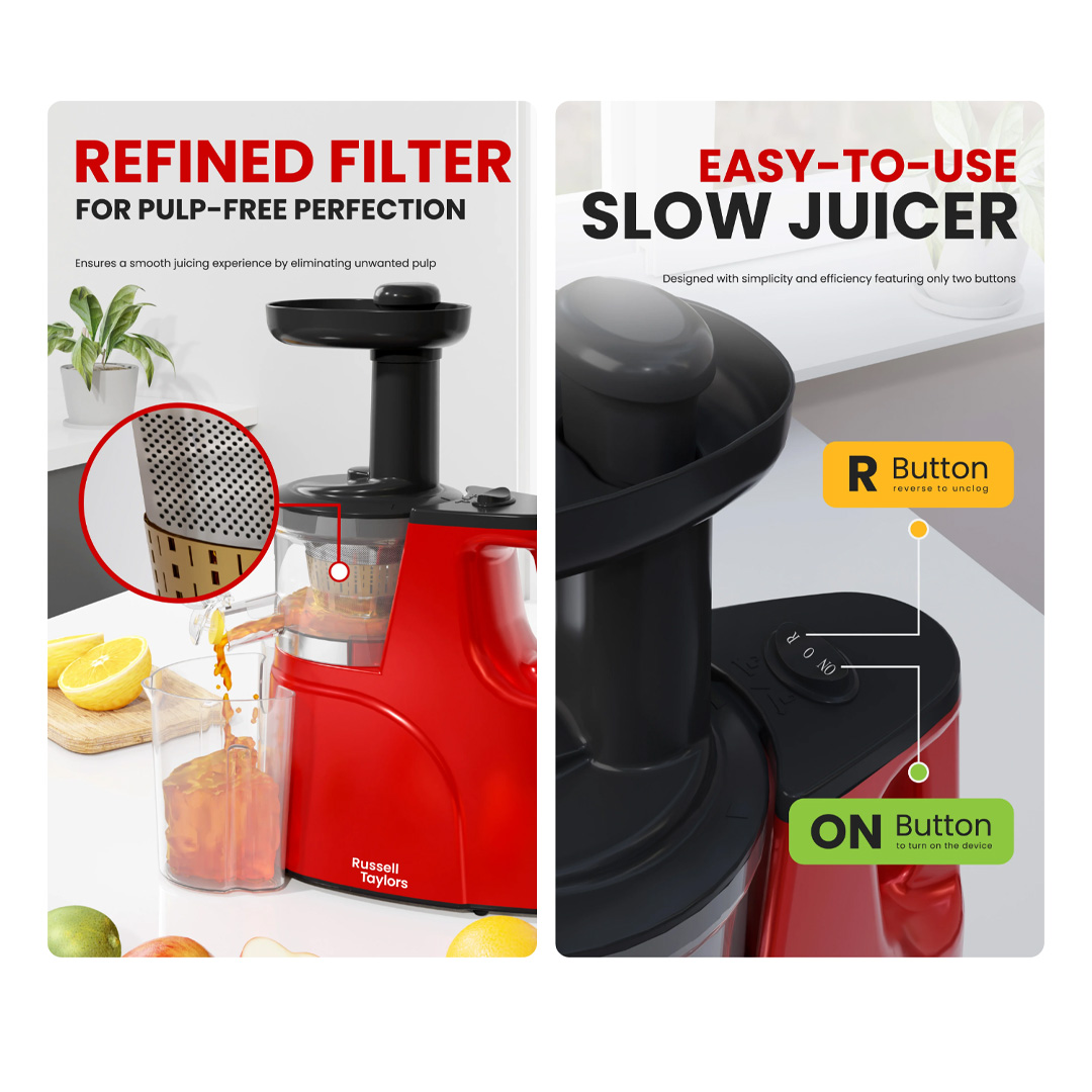 Russell Taylors 0.5L Slow Juicer SJ-6 | Ultra -Squeeze Slow Juicer | Optimized Extraction System | Easy to Use | Juicer with 2 Year Warranty