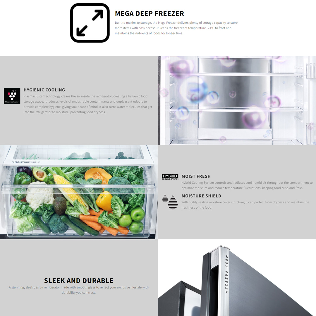 SHARP 2 Doors Top Mount Pelican J-Tech Inverter Refrigerator SJP601MFMS/SJP801MFMS | Extra Cool | Eco Mode | Door Alarm | Deep Freezing | Refrigerator with 1 Year Warranty