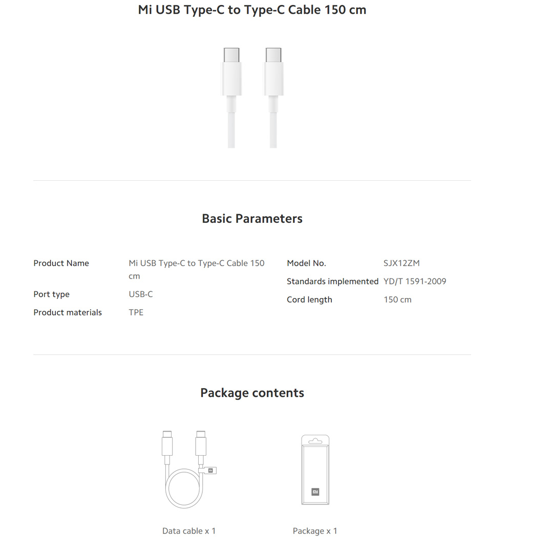 Xiaomi 1.5m USB Type-C to Type-C Cable SJX12ZM | Efficient Data Transfer | Support a Wide Range of Devices | Cable with 1 Year Warranty