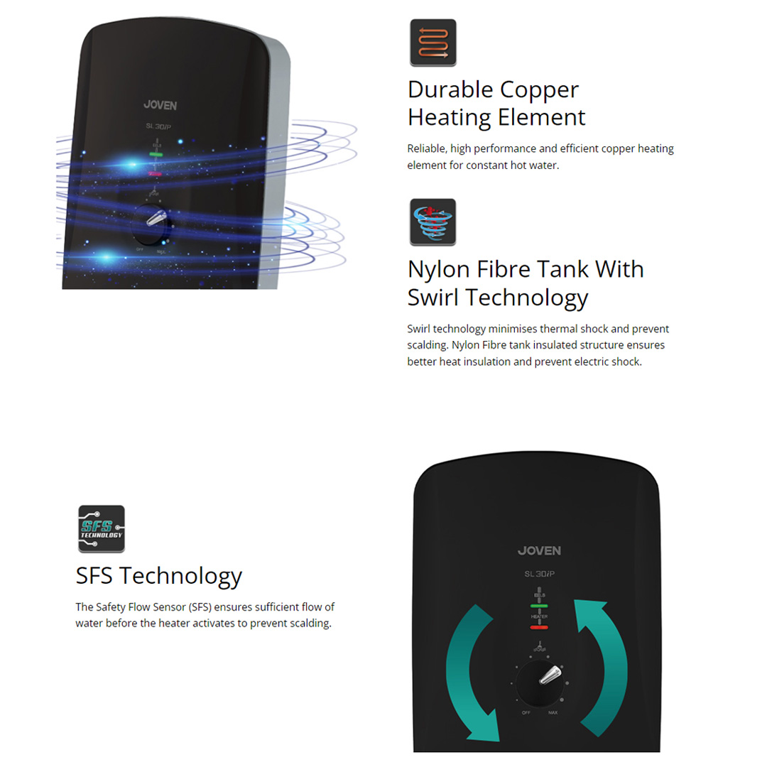 JOVEN 3600W DC Inverter Silent Pump Water Heater with Rain Shower SL30iP-RS | 5 Spray Showerhead | SFS Technology | Durable Copper Heating Element | Water Heater with 1 Year Warranty