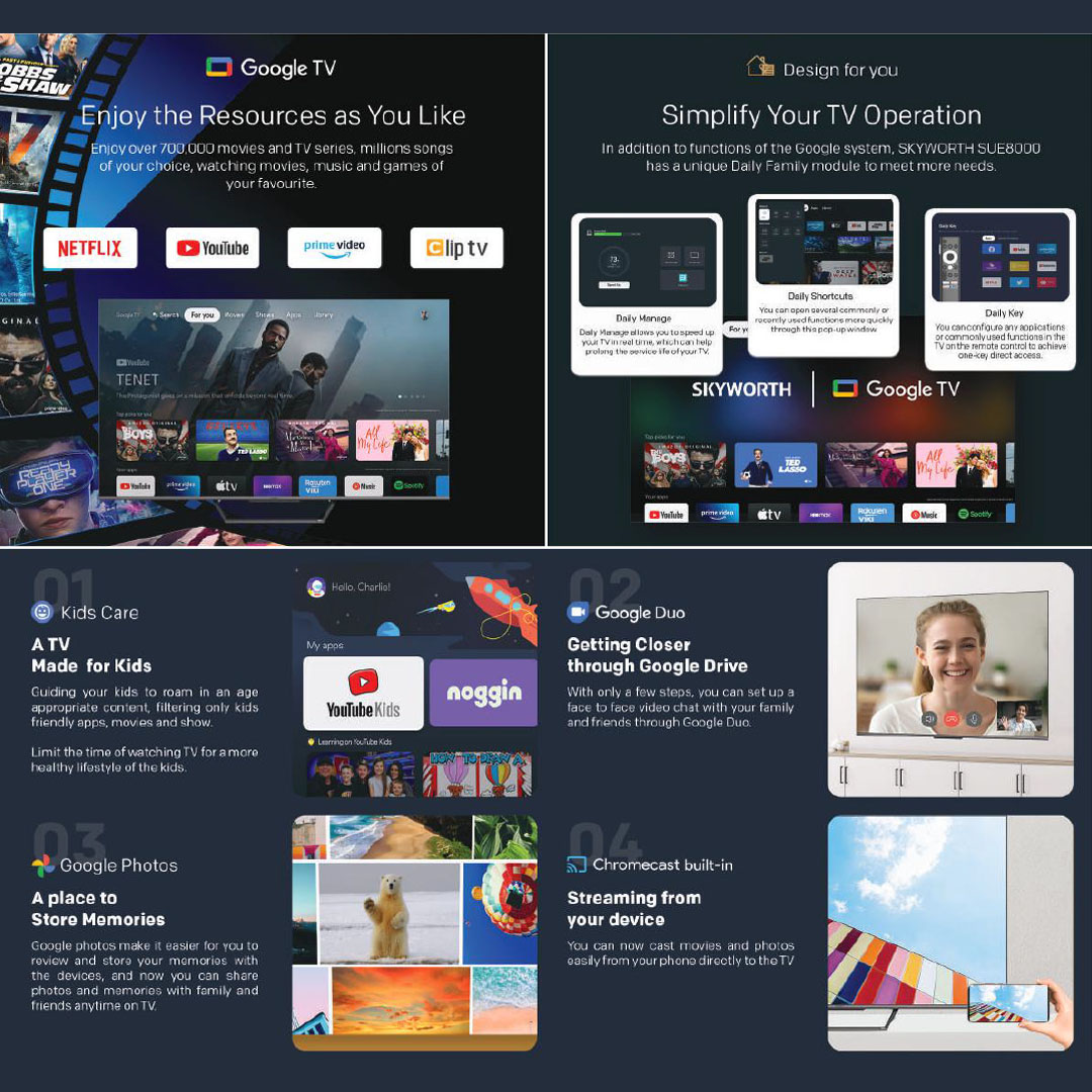 SKYWORTH 50" / 55" /65" 4K UHD QLED Google TV 50SUE8000 / 55SUE8000 / 65SUE8000 | HDR 10+ | Chameleon Extreme | Dolby Vision | Dolby Atmos | Google TV with 2 Year Warranty