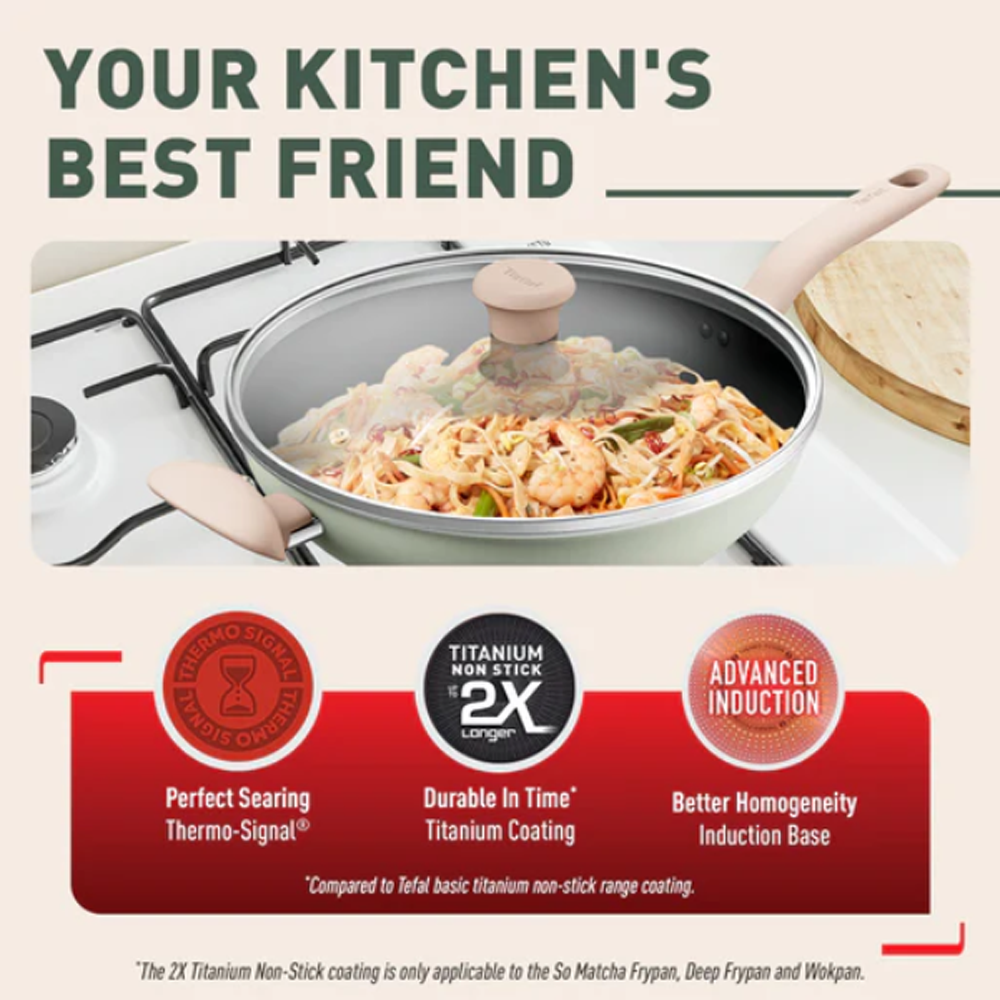 Tefal So Matcha Non-Stick Cookware Set 4-Piece Set with Lids G179S495 G179S4 | Perfect Searing Thermo-Signal | Titanium NonStick