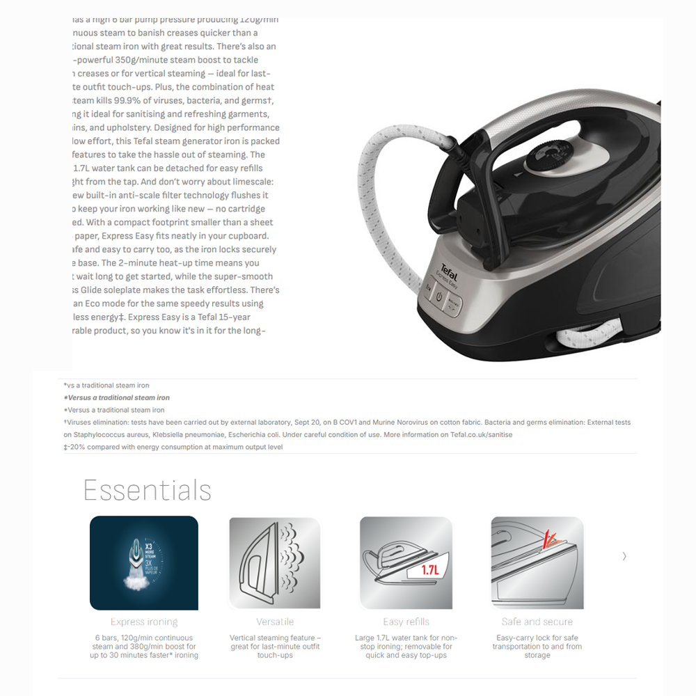 Tefal 2200W Express Easy Steam Generator Iron SV6140 | 6 bar pump | Vertical steaming feature | Ceramic Xpress Glide soleplate | Eco mode