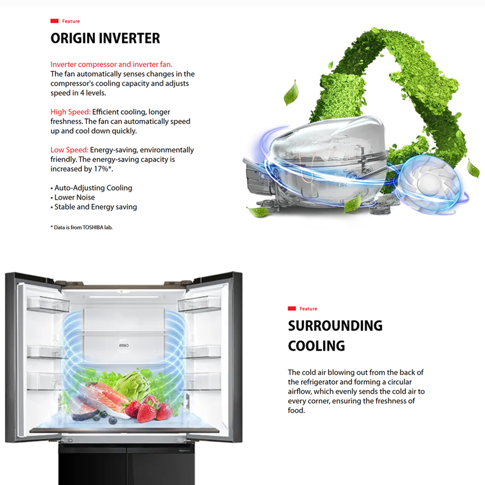 TOSHIBA 530L Multi Doors Origin Inverter IoT Refrigerator Black Glass GR-RF611WI-PGY(22) | PureBIO | TSmartLife Smart Control | Origin Inverter