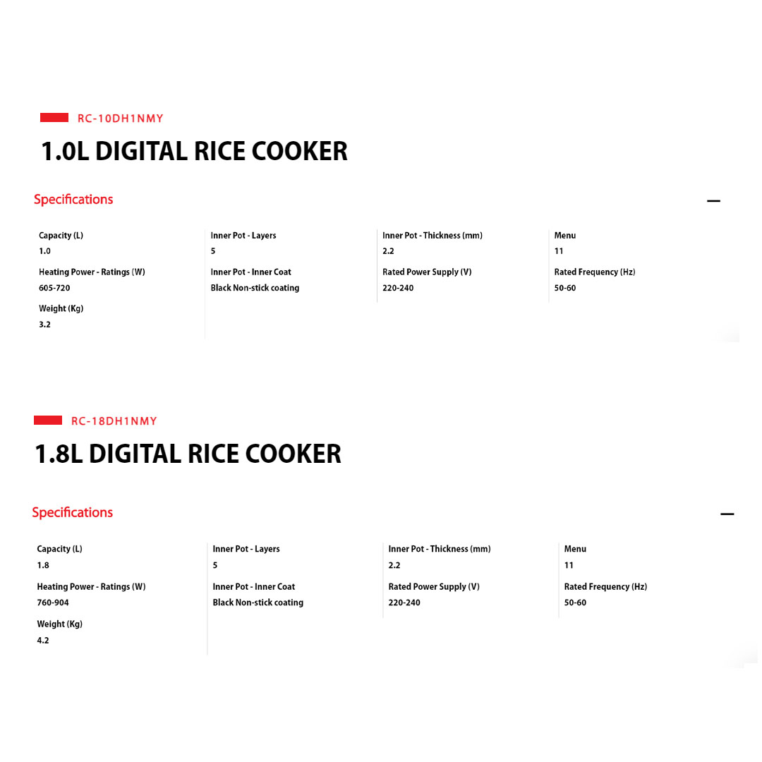 TOSHIBA 1L/1.8L Digital Rice Cooker RC-10DH1NMY/RC-18DH1NMY | 2.2mm Honatsukama Pot | Preset Menus with LED Display | 11-Auto Menu | Rice Cooker with 1 Year Warranty