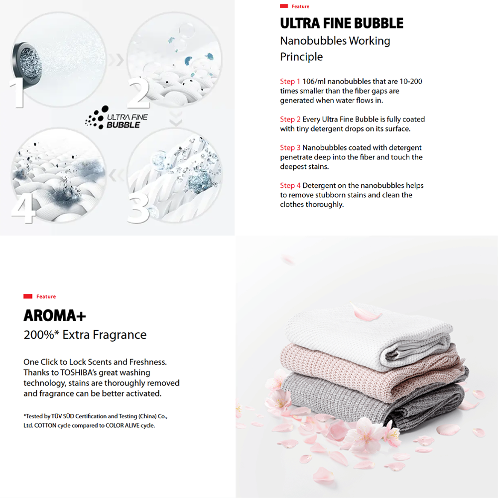 TOSHIBA 7KG/8.5KG AROMA+ Front Load Origin Inverter Washing Machine TW-E70BUT21UWM(WW) / TW-E85BUT21UWM(WW) | AROMA+ - 200% | Ultra Fine Bubble