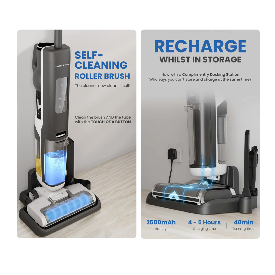 Russell Taylors 300W iClean Wet Dry Cordless Floor Washer Vacuum Cleaner & Mop | 2500mAh Battery | Dual Tank Feature | Motorized Floor Brush with LED Lights | Vacuum with 2 Year Warranty