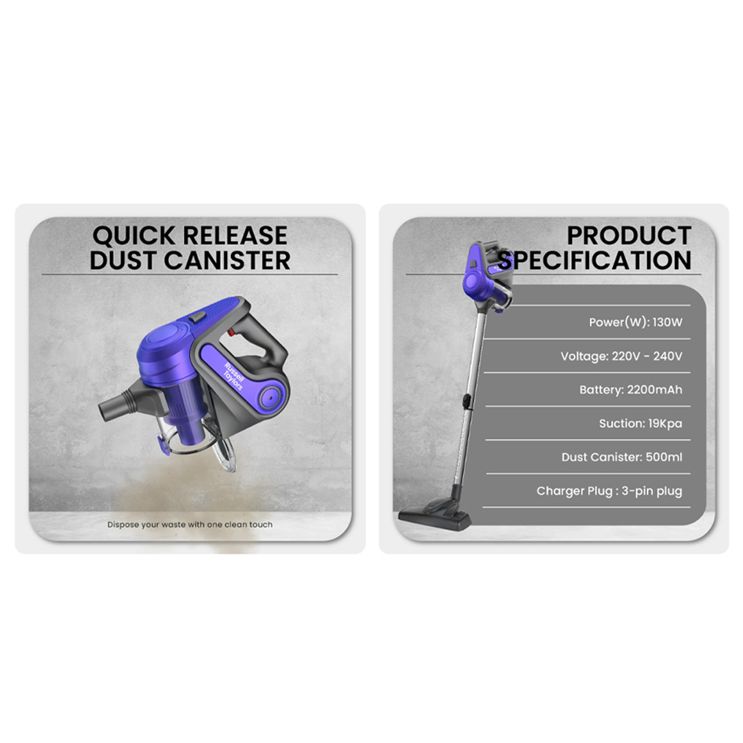 Russell Taylors 130W Cordless Vacuum Cleaner VC-22 | Powerful DC Motor | 2 Power Modes | Quick Release Dust Canister | Vacuum with 2 Year Warranty