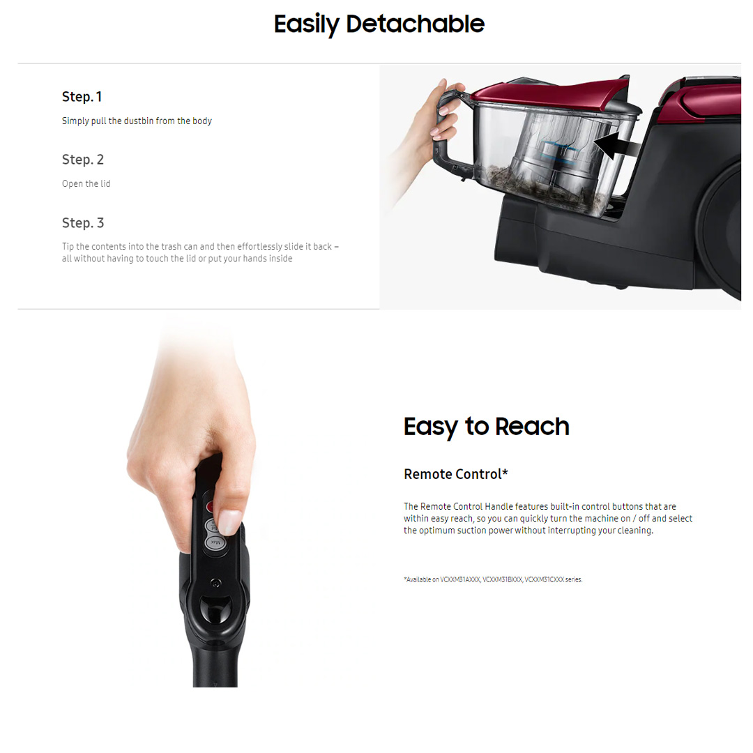 SAMSUNG 370W Canister Bagless with Anti-Tangle Turbine Vacuum Cleaner Mexican Pink | Remote Handle Control | Large Capacity Dustbin | Cyclone Force with Anti-Tangle Turbine | Vacuum Cleaner with 2 Years Warranty