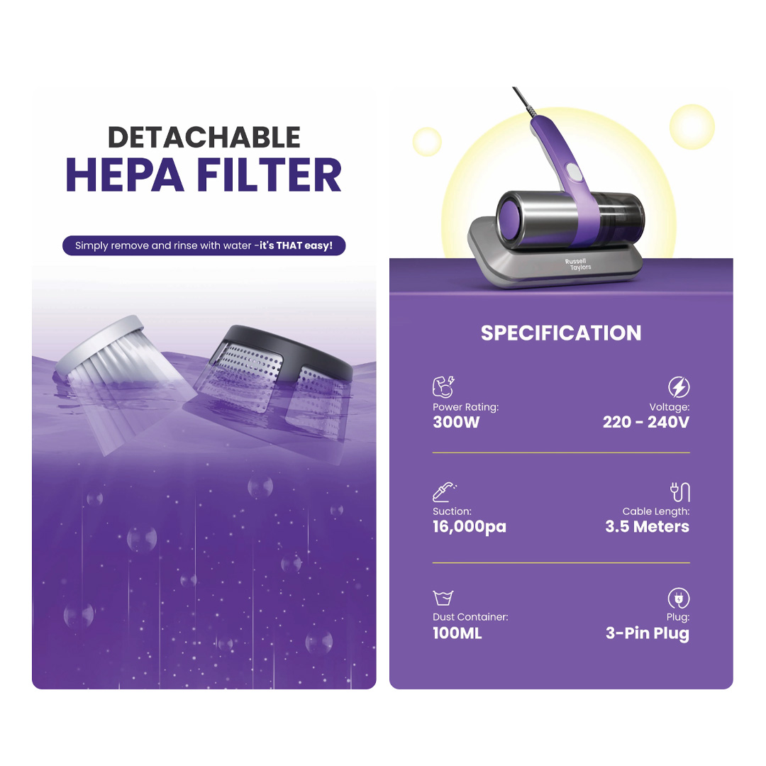 Russell Taylors 500W Dust Mite Vacuum Cleaner VM-10 | Multi-Layer Filtering System | Easy Waste Disposal | 16kpa Powerful Suction | Vacuum with 2 Year Warranty