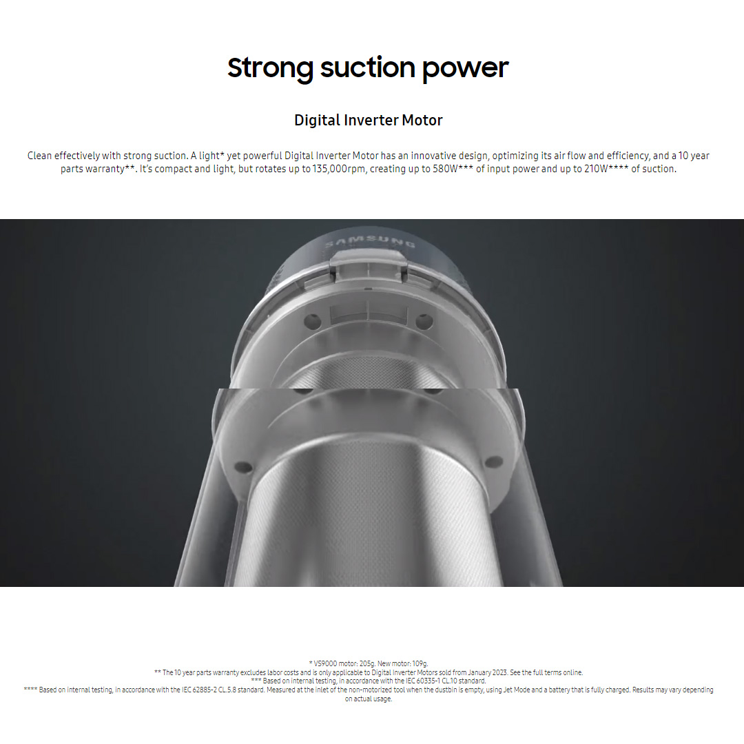 SAMSUNG 210W Jet 85 Premium Digital Inverter Motor Vacuum Cleaner Stick VS20C852FTB/ME | 210 W Suction Power | Jet Cyclone | More Advanced Cleaning Performance |  Clean Up to 1 hour | Vacuum Cleaner with 2 Years Warranty