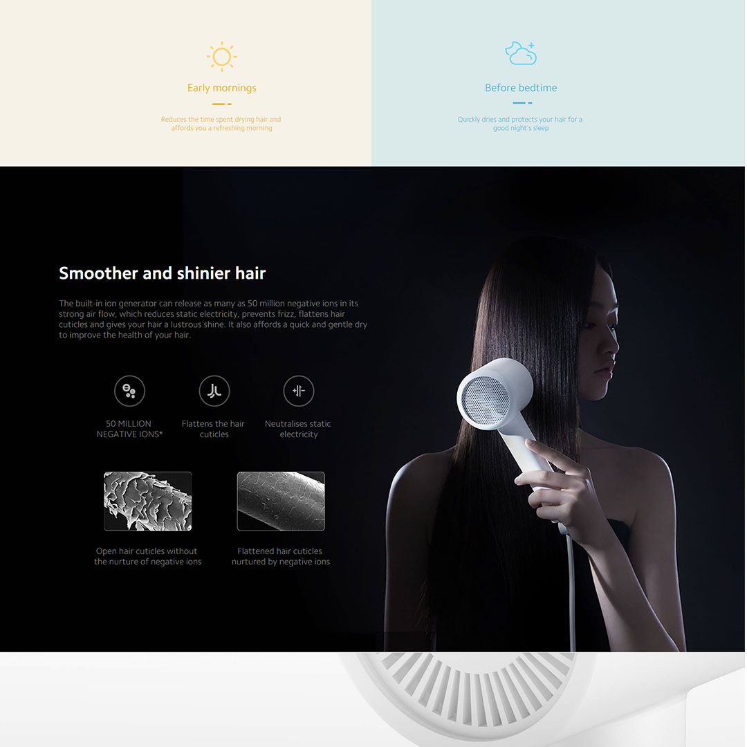 Xiaomi 1600W Mi Ionic Hair Dryer H300 CMJ02ZHM | Multiple Overheat Protections | 20m/s Super Large Air Flow | Ion Generator | 57°C Smart Temperature Control | Hair Dryer with 1 Year Warranty