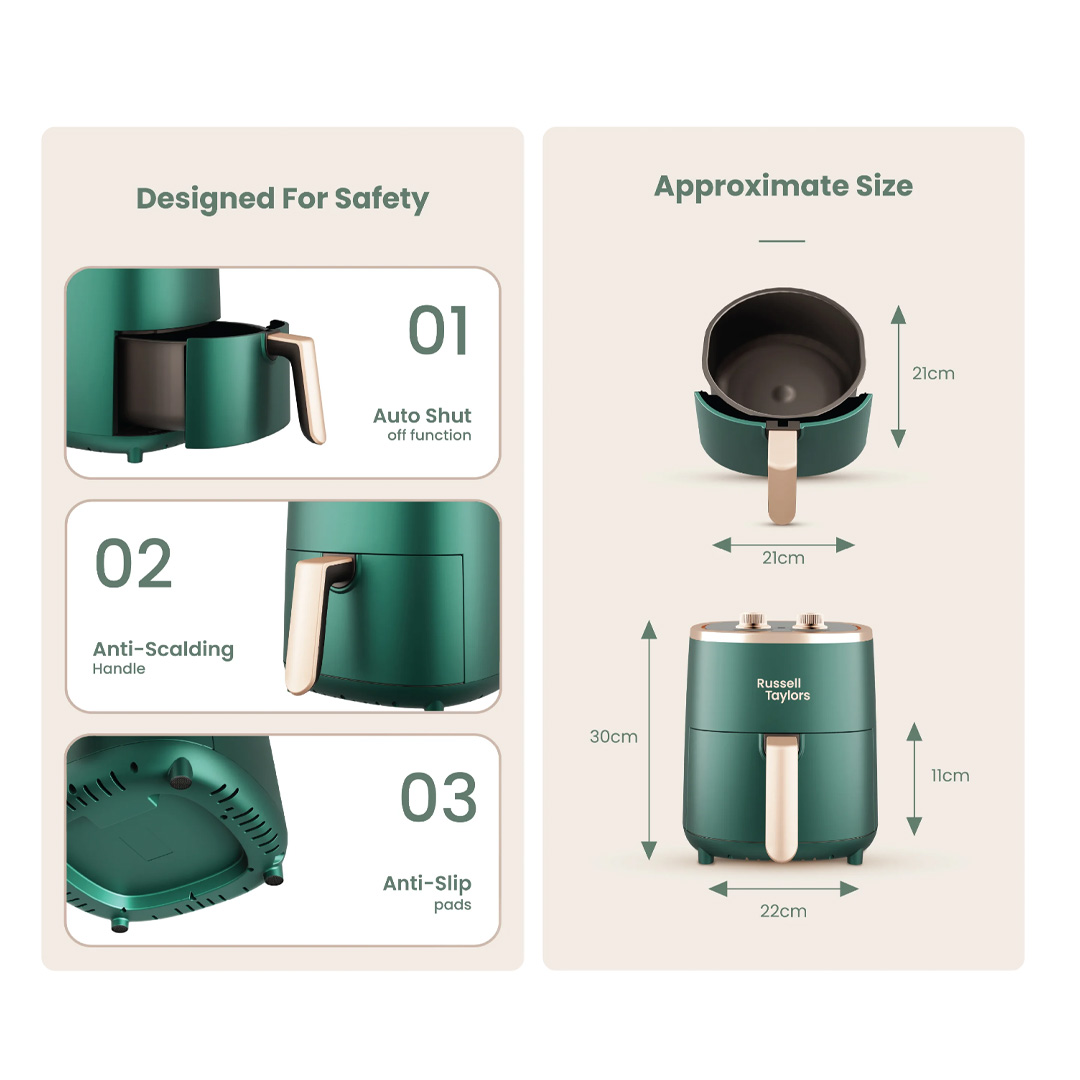 Russell Taylors 4.2L 3D Air Fryer Z1 | 360° Rapid Air Circulation Technology | Non Stick Pan | Temperature 80-200ºC |  Mechanical Control | Auto Shut Off | Power: 1,200W | Air Fryer with 2 Year Warranty