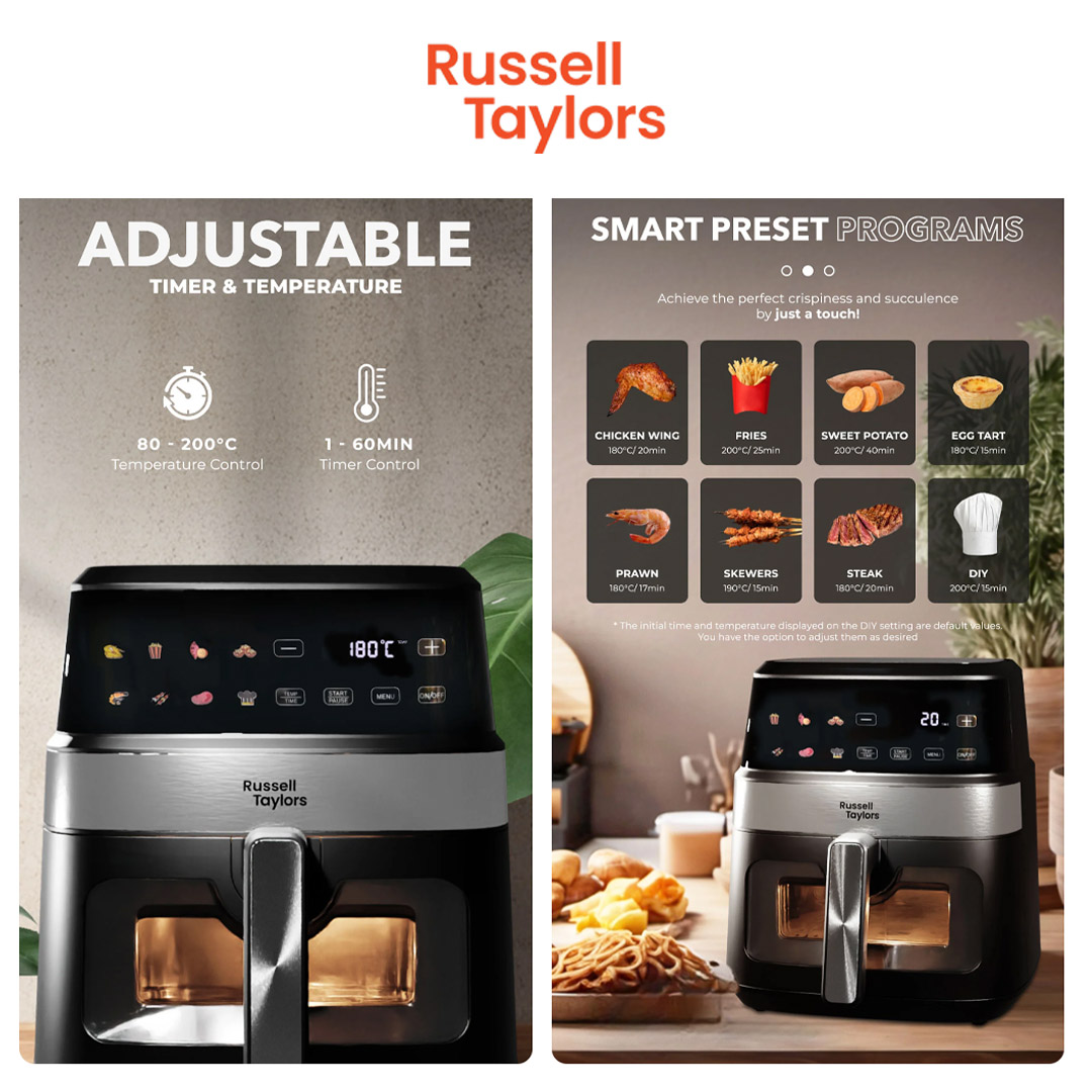 Russell Taylors 6.5L Visible Window Digital Air Fryer Z7 | Power Rating 1350 W | Crystal Clear Frying | Adjustable Timer & Temperature | Air Fryer with 2 Year Warranty