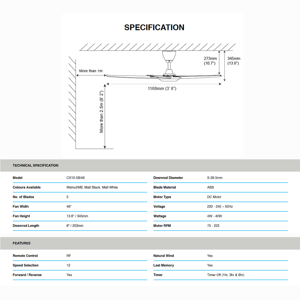 ALPHA COSA 5 Blades DC Motor Ceiling Fan CX10-5B/40/ CX10-5B/46 / CX10-5B/56 | DC Energy | Silent Operation | Foward Reverse | Natural Wind | Ceiling Fan with 1 Year Warranty