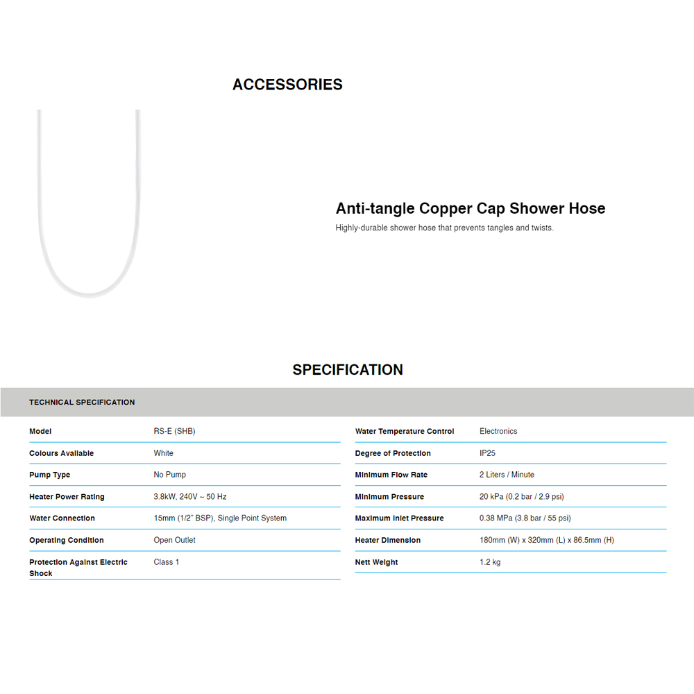 ALPHA 3800W Non-Pump Instant Water Heater RS-E (SHB) | Dual Safety Thermal Protection | Surge Protection | Flow Switch Sensor