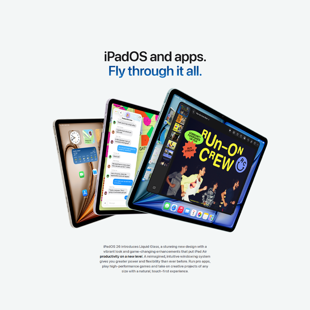 Apple iPad Air (M4) Wi‑Fi/ Wi-Fi + Cellular | 11"/13" | 12MP Rear Camera | Apple M4 Processor | iPadOS 26.3 | Li-Po 7606 mAh
