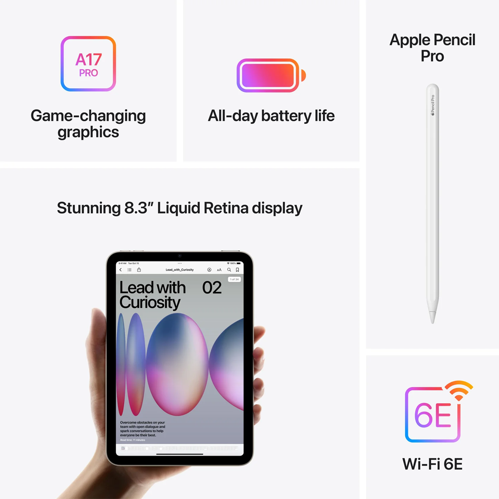 Apple iPad mini A17 Pro Wi-Fi 8GB+128GB / 8GB+256GB / 8GB+512GB |  A17 Pro chip | LED backlit Multi-Touch display with IPS technology | Supports Apple Pencil Pro, Apple Pencil (USB‑C)