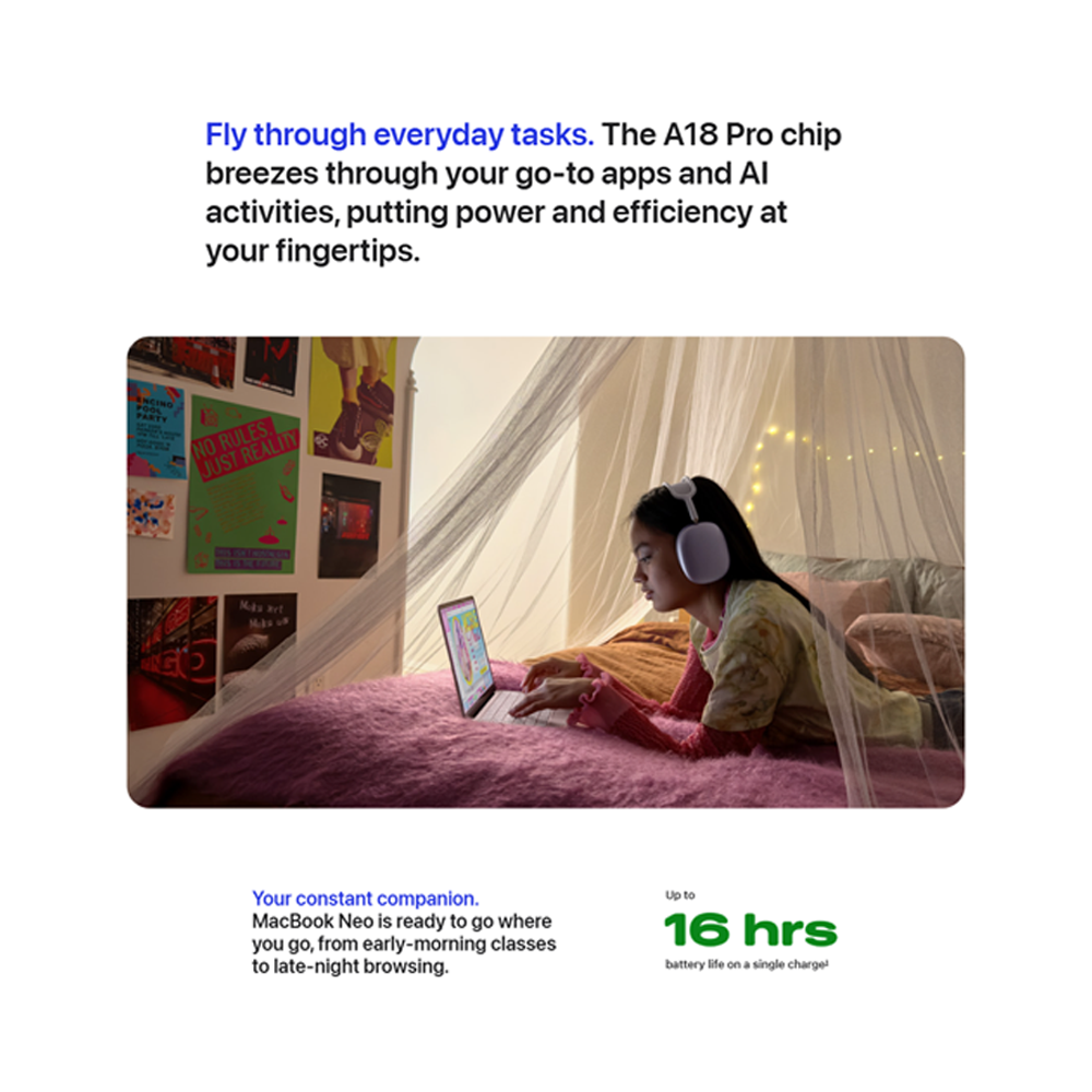 Apple MacBook Neo 8GB+256GB/ 8GB+512GB | 13-inch | Apple A18 Pro chip with 6‑core CPU and 5‑core GPU | Built-in privacy | 1080p FaceTime HD camera