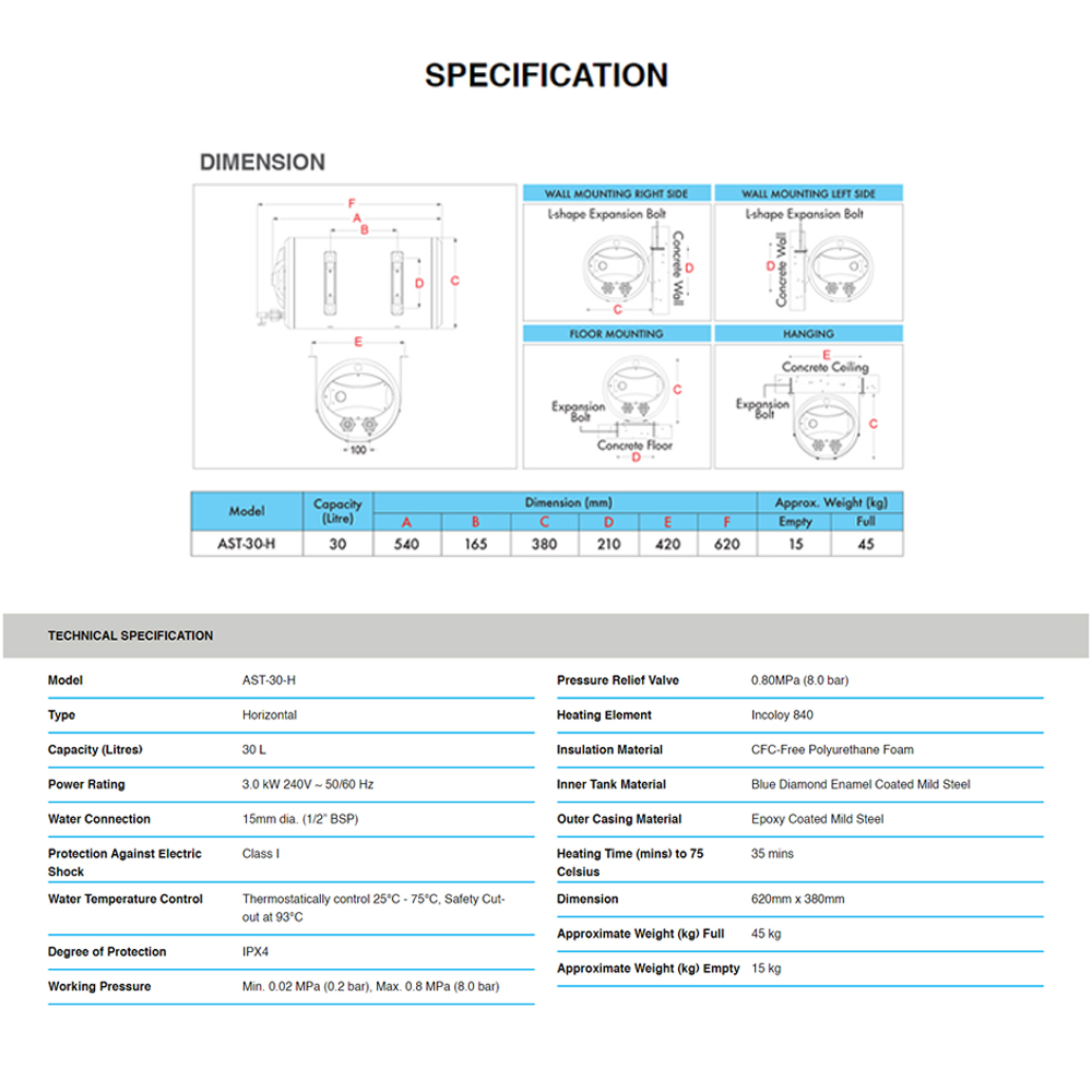 ALPHA 30L/50L/70L Horizontal Storage Water Heater AST-30-H/AST-50-H/AST-70-H | Multiple Size | Thermal Cut-Off