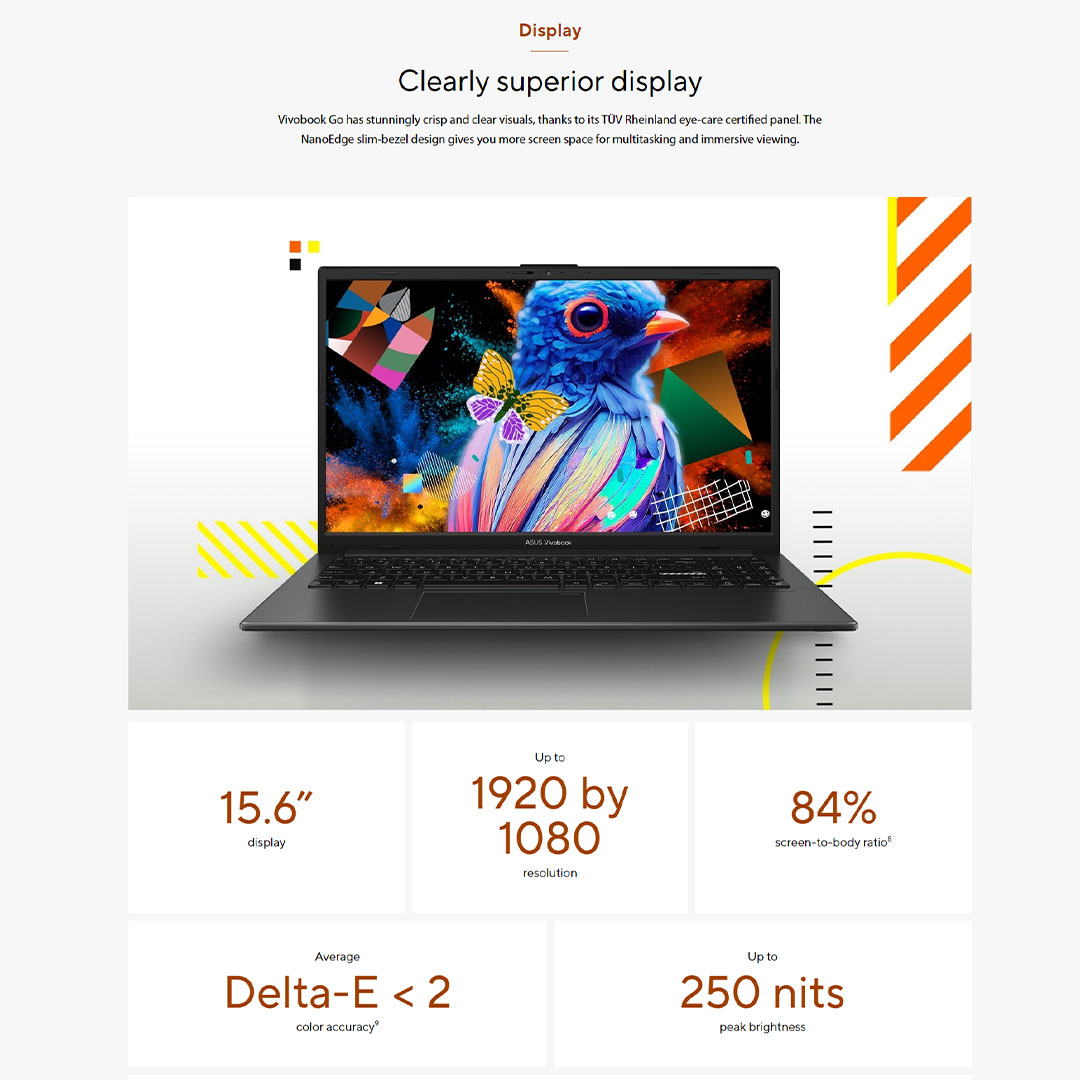 ASUS Vivobook Go 15 Laptop E1504F-ANJ466WS (8GB+512GB SSD) | Up to AMD Ryzen™ 5 7520U Mobile Processor | ASUS WiFi Master | 180° hinge for diverse usage | Laptop with 2 Year Warranty