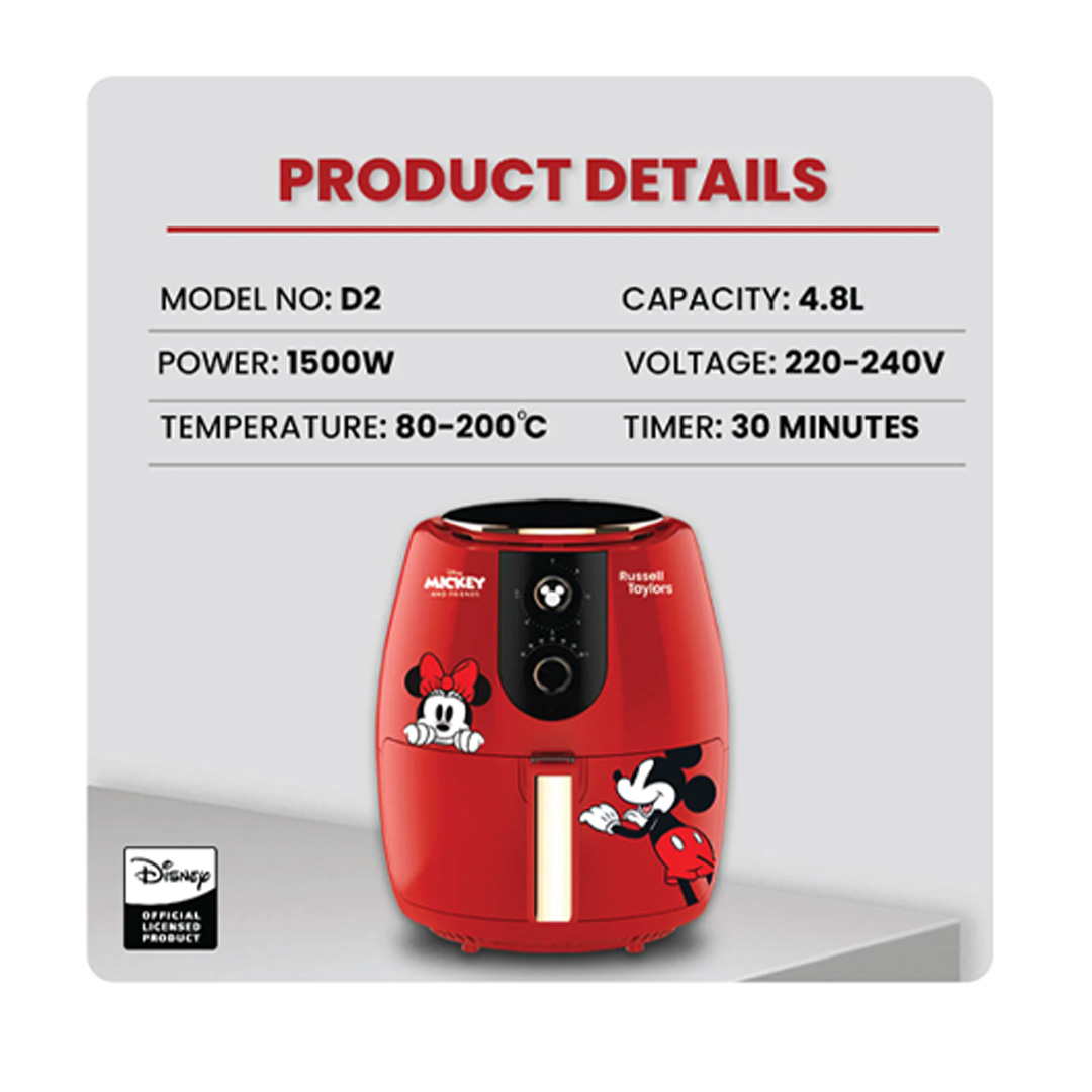 Russell Taylors 4.8L Disney Mickey And Friends Air Fryer D1 | 1500W Power |  Rapid Air Technology | Auto-Shut Off | Air Fryer with 2 Year Warranty