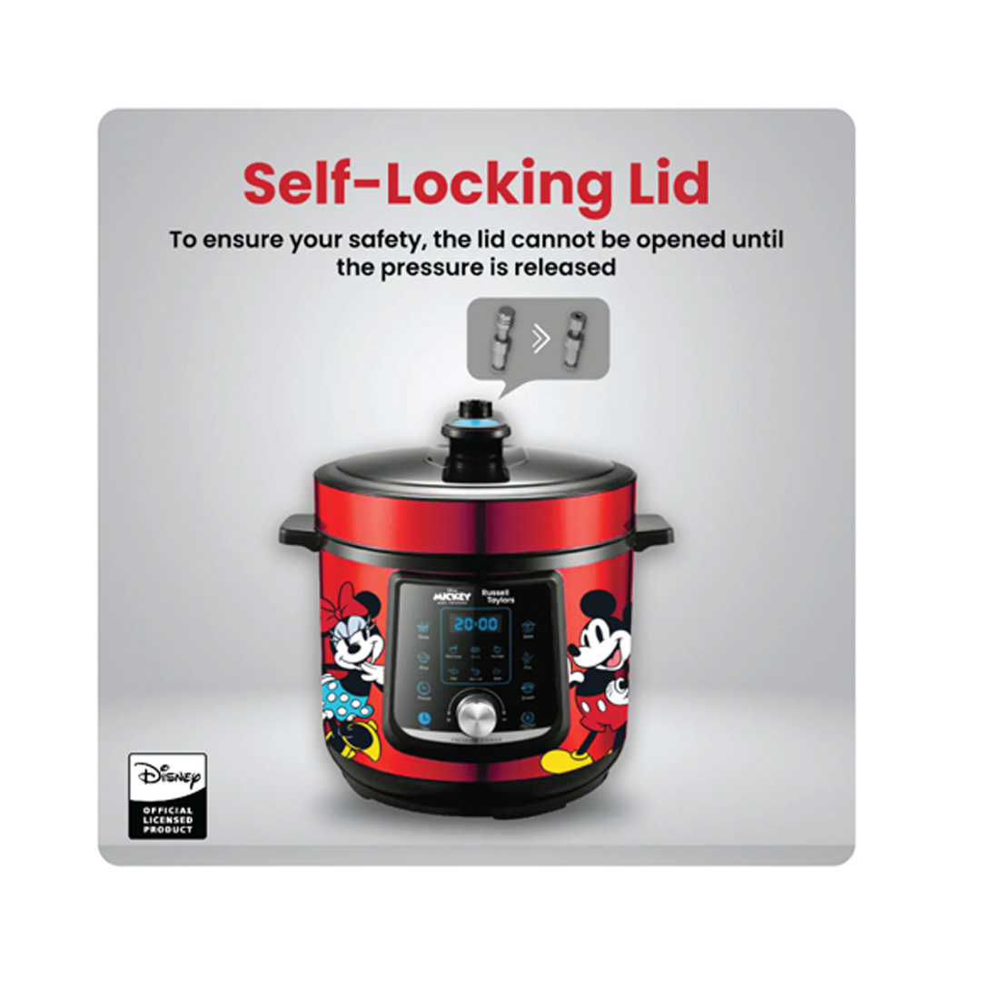 Russell Taylors 6L Disney Mickey And Friends Pressure Cooker D2 | 24 Hour Delay Time | Keep Warm Function | 10 Preset Programs | LED Display | Cooker with 2 Year Warranty