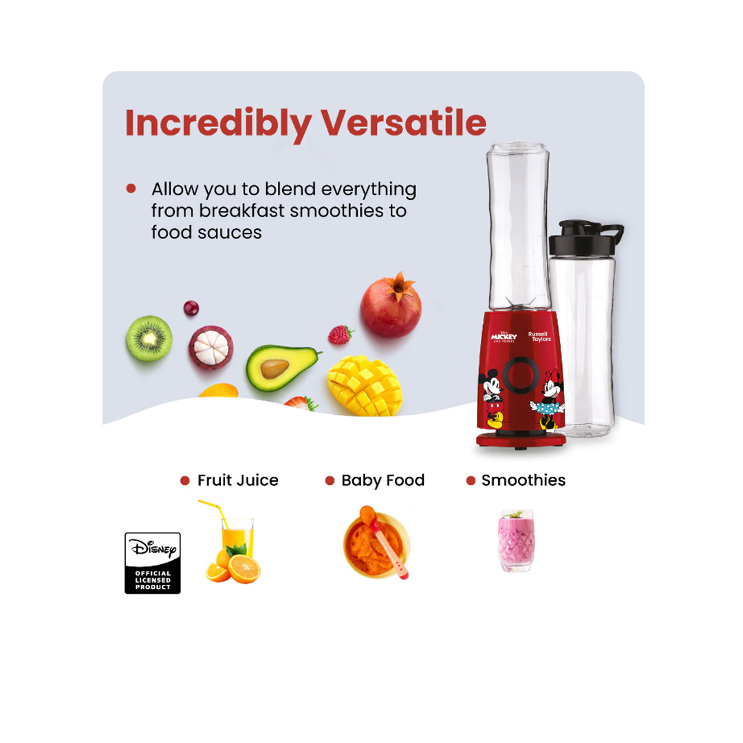 Russell Taylors 0.6L Disney Mickey And Friends Compact Personal Blender D4 | 600W Power | 4 Powerful Stainless Steel Blade | Nutrient Extraction | Blender with 2 Year Warranty