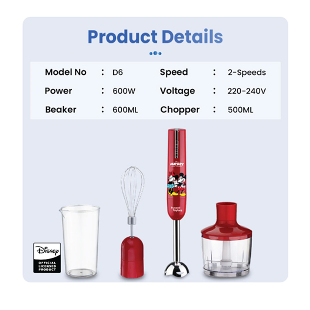 Russell Taylors 0.5L Disney Mickey And Friends Hand Blender D6 | 600W Power | S-Shaped Fixed Blade | Ergonomic Grip | Hand Blender with 2 Year Warranty