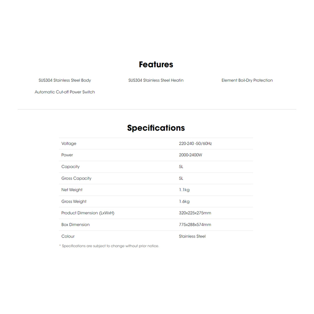 KHIND 5L Stainless Steel Kettle EK502 | SUS304 Stainless Steel Body | SUS304 Stainless Steel Heating | Element Boil-Dry | Kettle with 1 Year Warranty