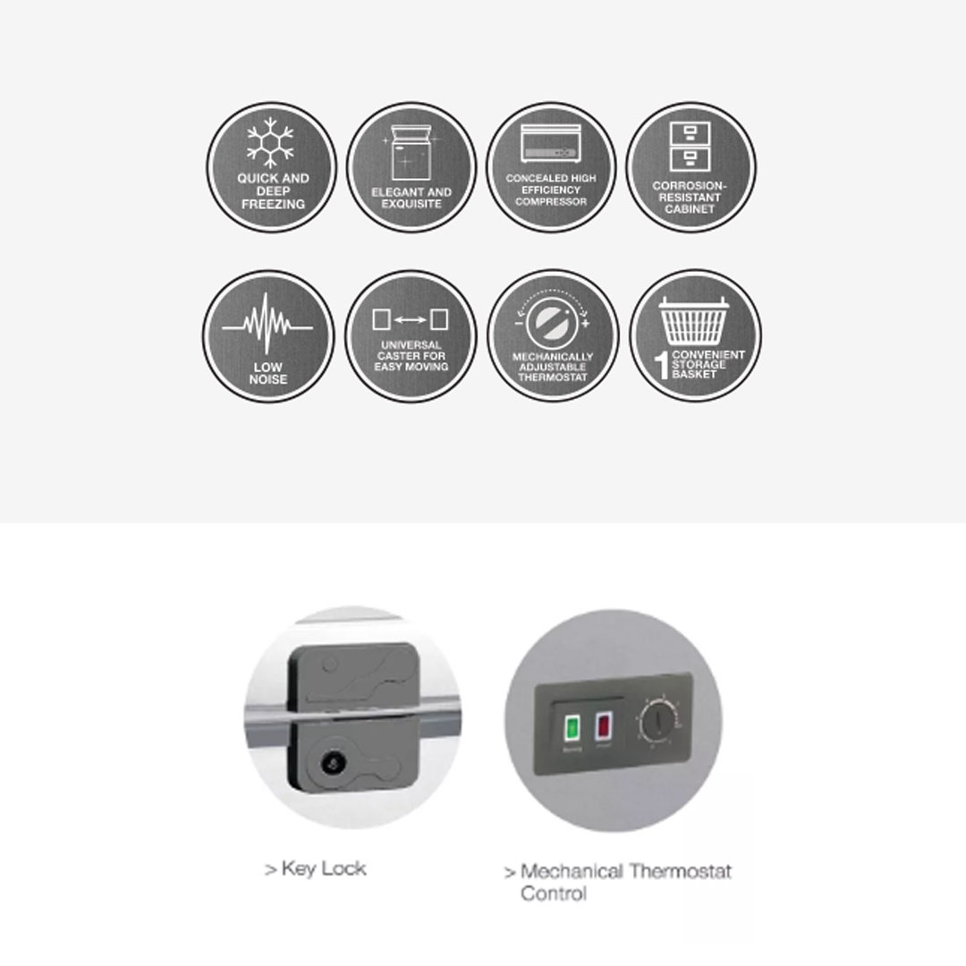 ELBA 130L|190L|260L Chest Freezer EF-E1310(GR)/EF-E1915(GR)/EF-E2620(GR) | R600a | Mechanical Control | Recessed Handle | Safety Lock | Chest Freezer with 1 Year General Warranty & 5 Years Motor Warranty