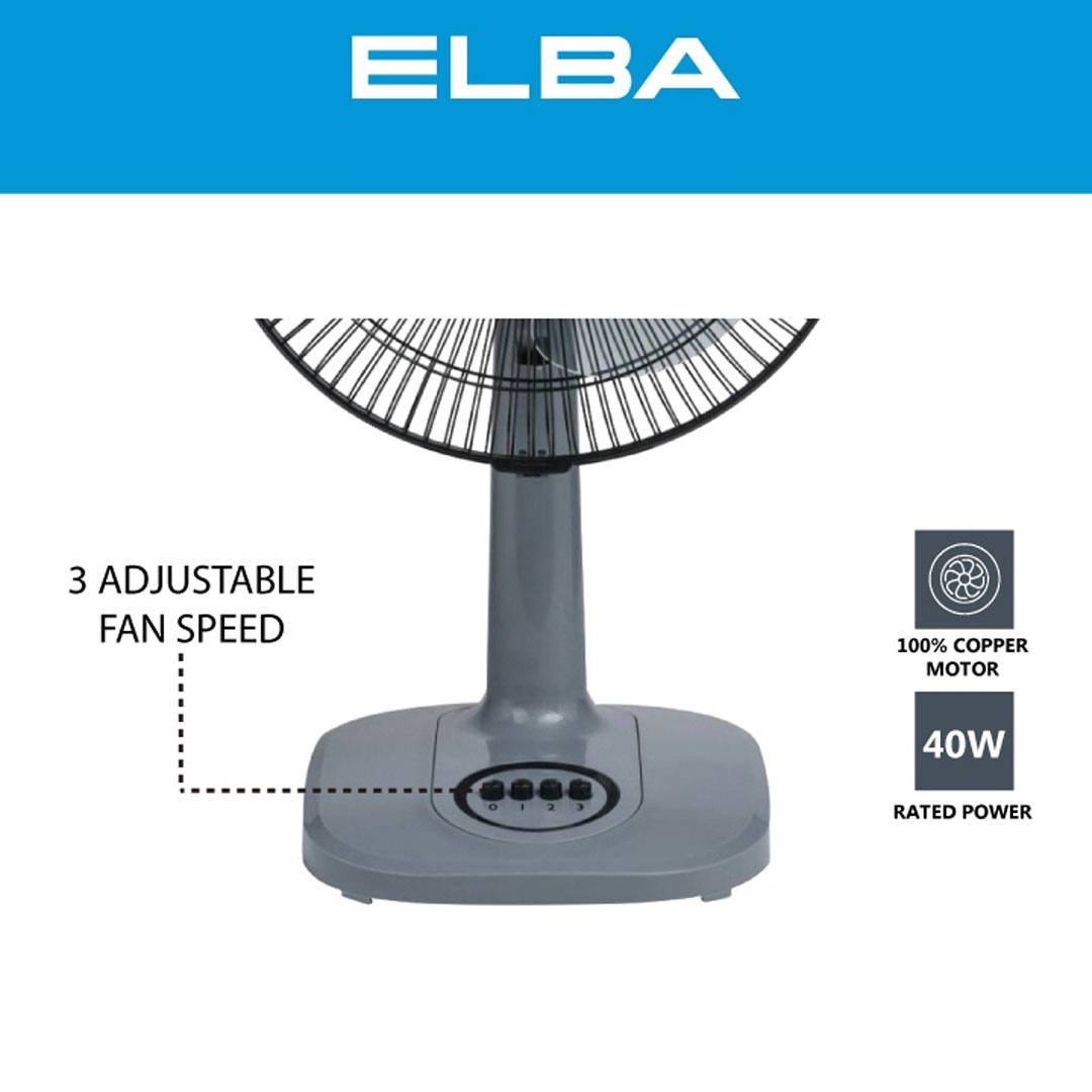 ELBA 12" / 16" Table Fan ETF-G1220(GR) / ETF-G1620(GR) | 3 Transparent AS Blades | 3-speed Control | Thermal Safety Fuse | Whisper Quiet Self Lubricating Motor | Table Fan with 1 Year Warranty