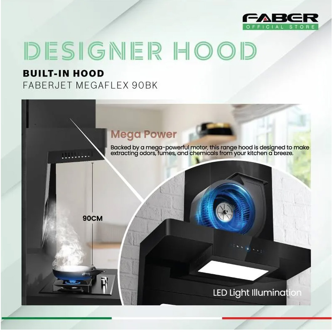 FABER 1600m3/h Designer Hood FABERJET MEGAFLEX 90BK | Tempered Glass Surface | Turbo Speed Function | Auto Heat Cleaning | Hand Wave Control | Cooker Hood with 1 Year Manufacture