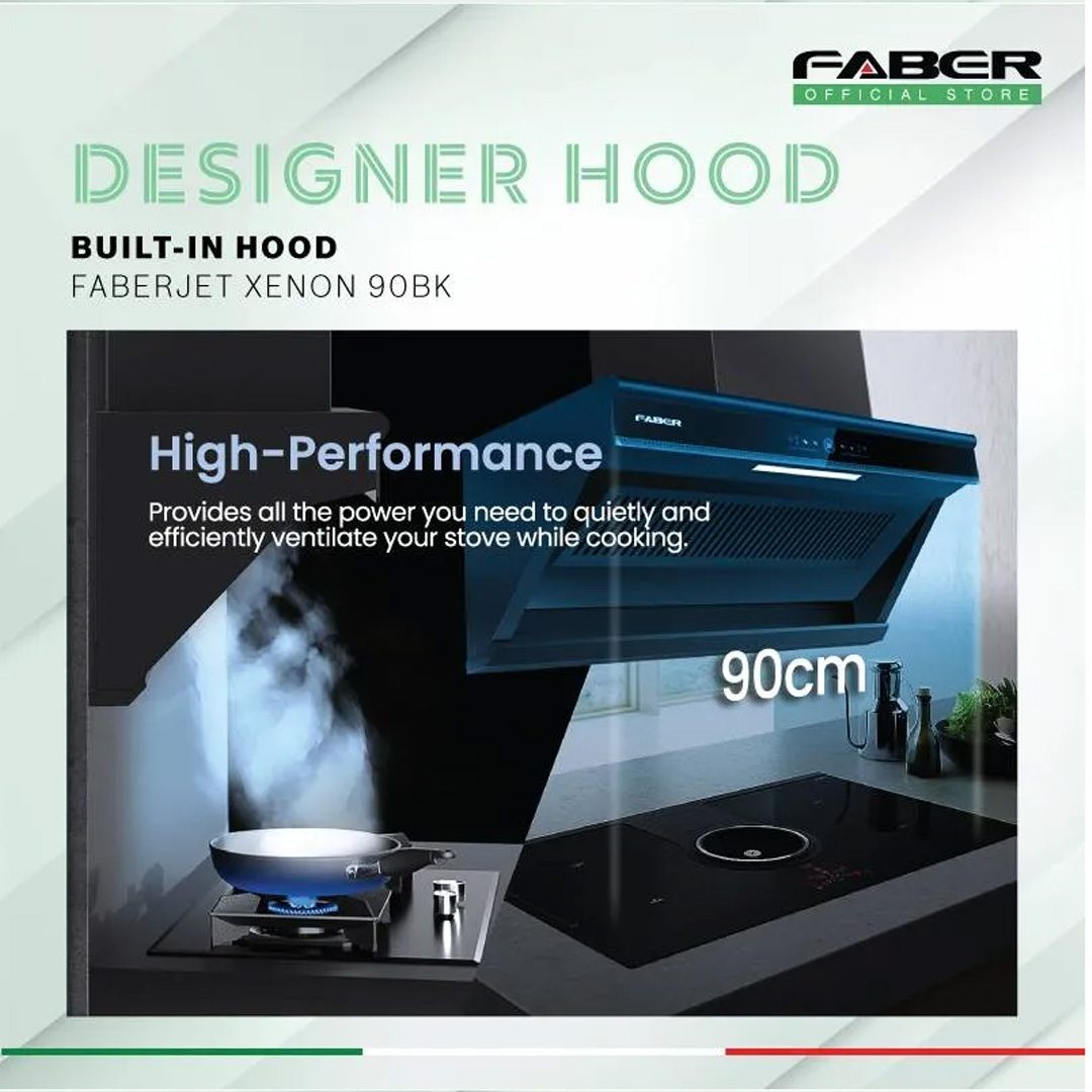 FABER 1600m3/h Designer Hood FABERJET XENON 90BK | Tempered Glass Surface | Turbo Speed Function | Auto Heat Cleaning | Hand Wave Control | Cooker Hood with 1 Year Manufacture