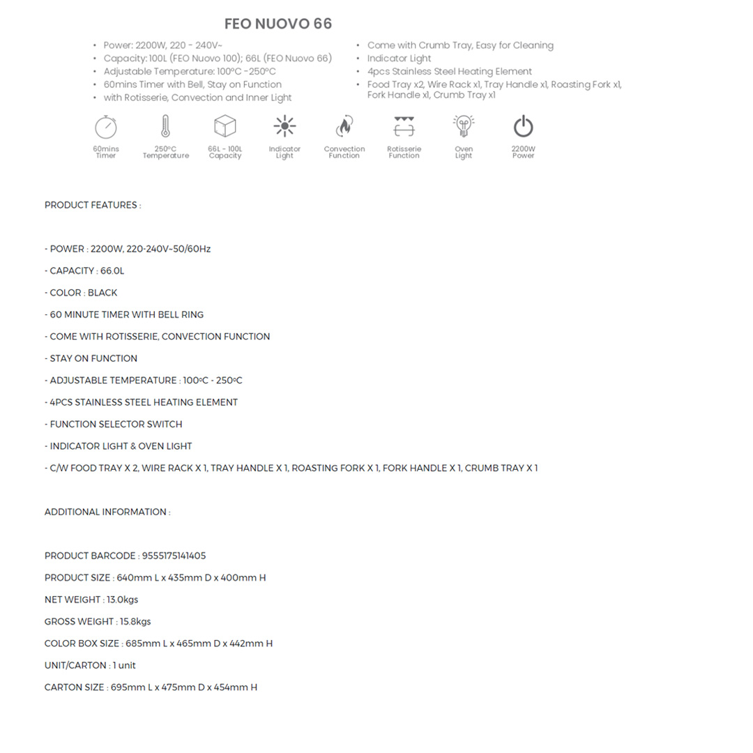FABER 10L/ 21L/ 66L Electric Oven FEO NUOVO 10/  FEO NUOVO 21 / FEO NUOVO 66 | Various Function Selection | 60mins Timer | Oven with 1 Year Warranty
