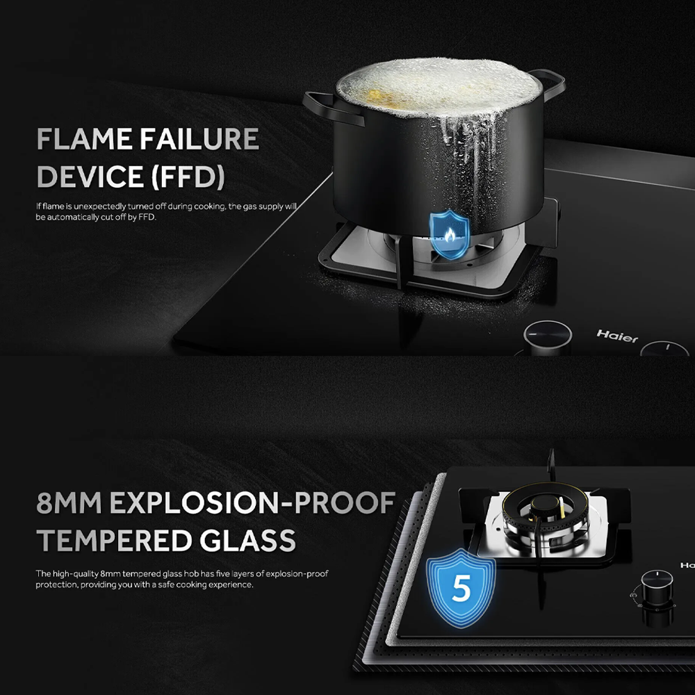 HAIER 2 Burners Built-In Tempered Glass Gas Hob HC-Q572SGB | 5.0kW Power | Flexible Cut Out Size