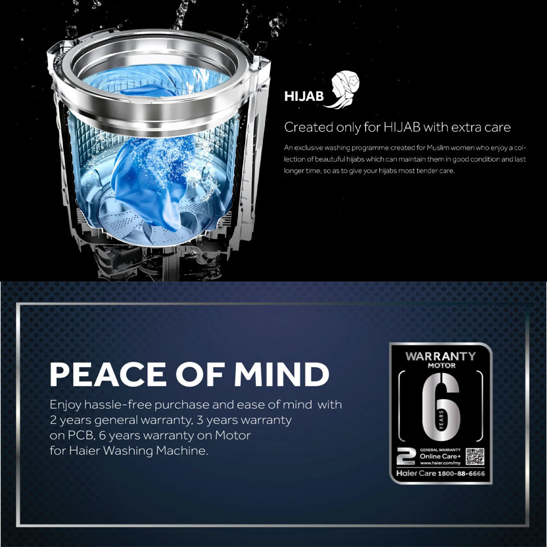 HAIER 9KG Top Load  Washing Machines HWM90-316S6 | Pillow Drum | Hijab Mode | Auto Restart | Anti-Bacterial Pulsator | Washing Machine with 2 Years Warranty