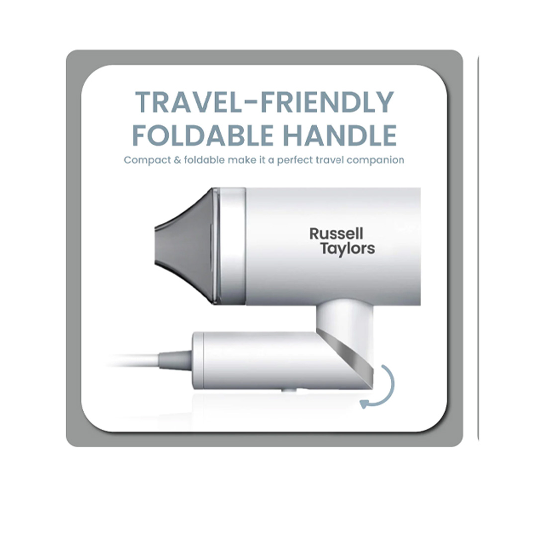 Russell Taylors 1200W Foldable Travel Hair Dryer HD1 | 1200W Power | 2-Speed Powerful Airflow | Ergonomic Handle | Hair Dryer with 2 Year Warranty
