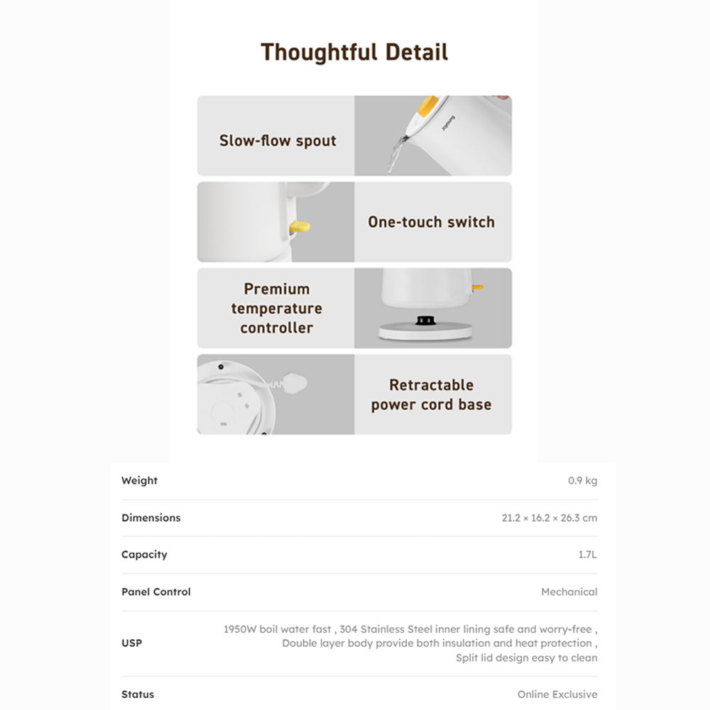 Joyoung 1.7L 304 Stainless Steel Kettle JK-17K29 | Fast Boil | Heat Protection | Easy Clean Design