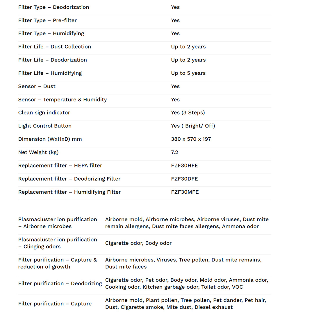 SHARP 16m² Plasmacluster Technology Humidifying Air Purifier KCF30LW | Off Timer | Humidity and Temperature Display | Auto Restart | Air Purifier with 1 Year Warranty