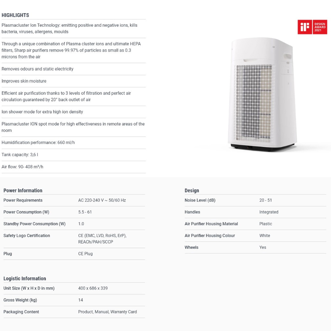 SHARP 50m² AIoT Plasmacluster Technology Humidifying Air Purifier KIL60LW | Ion Technology | Humidification | Intelligent Mode | Auto Mode | Air Purifier with 1 Year Warranty