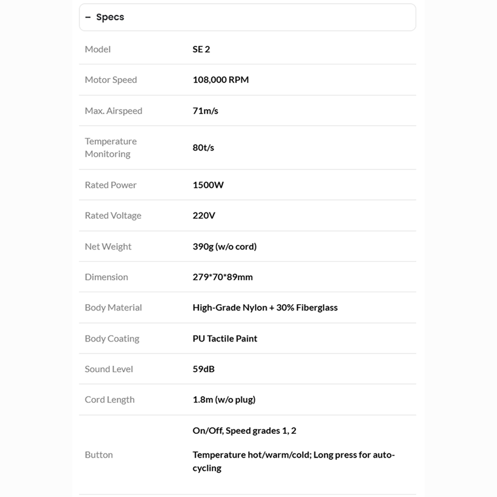 Laifen 1500W SE 2 High Speed Hair Dryer SLF-SE2(BK) / SLF-SE2(Y) | 108,000 RPM motor | 71m/s airflow | 59dB Quiet Noise Level | Child Mode