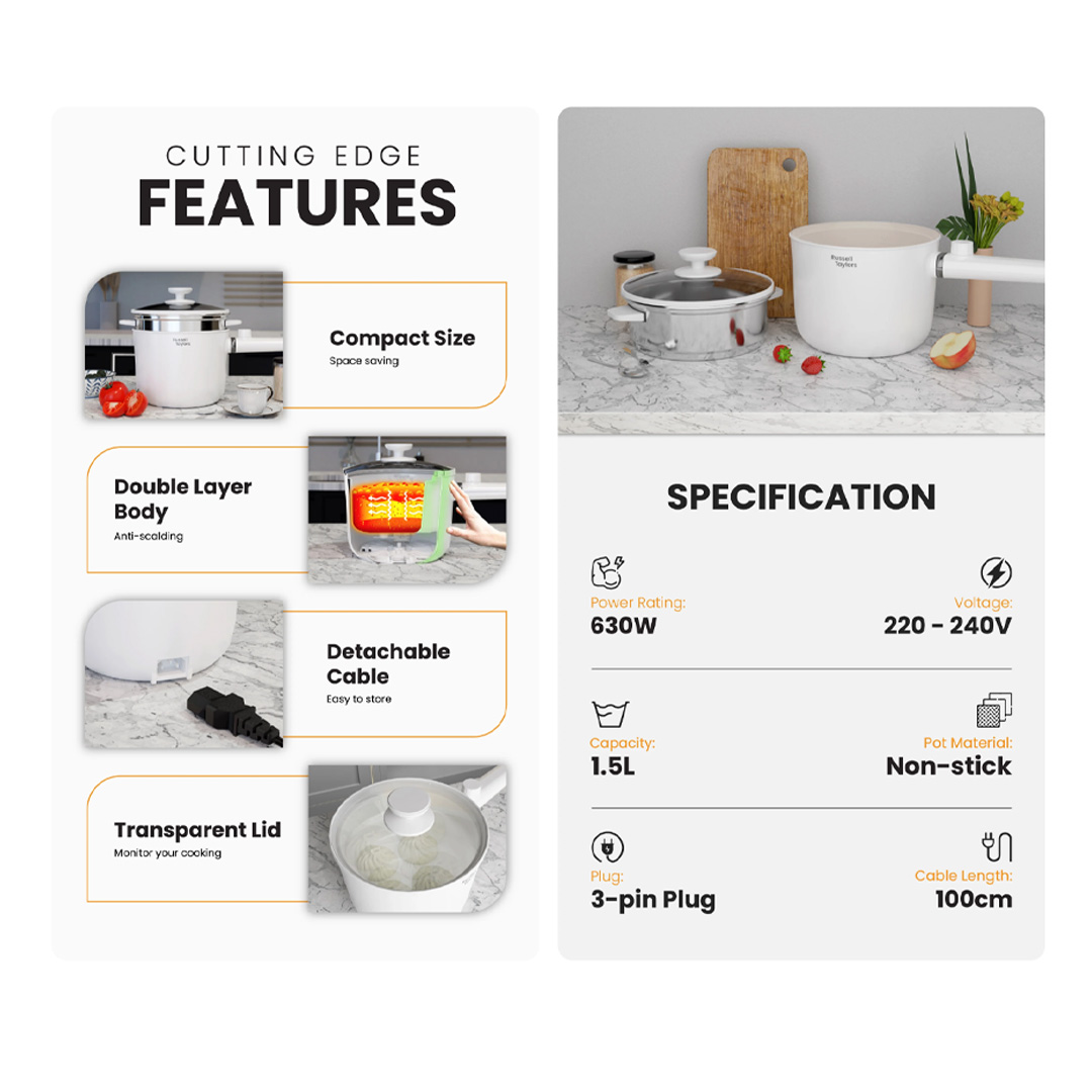 Russell Taylors 1.5L Multi Cooker With Steamer MC15 | 600W Power | 2 Level Temperature Control | Transparent Lid | Cooker with 2 Year Warranty