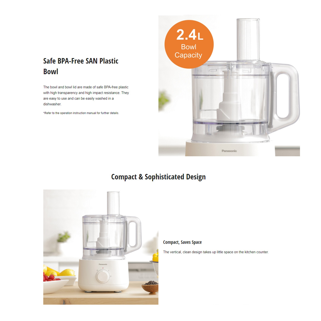 Panasonic 2.4L Food Processor MK-F310WSK | 5 Accessories for 18 Functions | High Low Pulse | Limited Size Hole | Food Processor with 1 Year Warranty