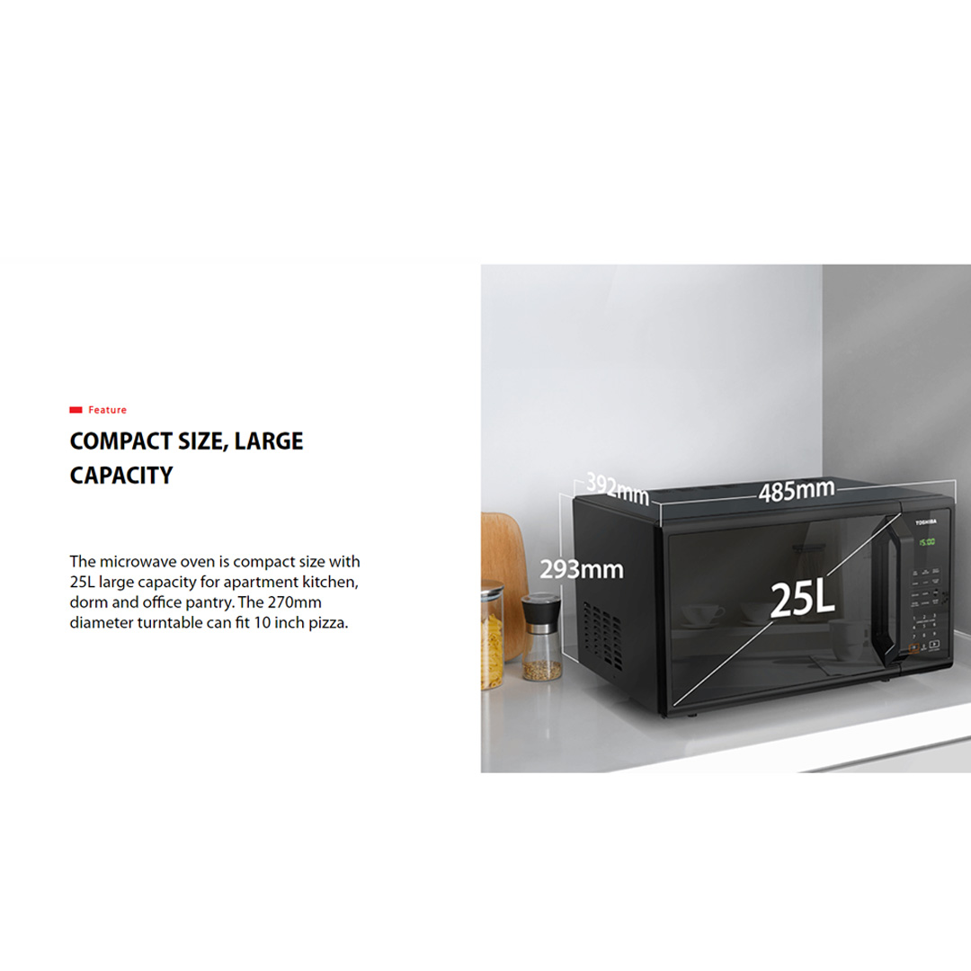 TOSHIBA 25L Microwave Oven Digital Panel MM-EM25PF(BM) | 6 Easy Auto Menu | One Touch Express Cooking | 11 Power Levels | Microwave Oven with 1 Year Warranty