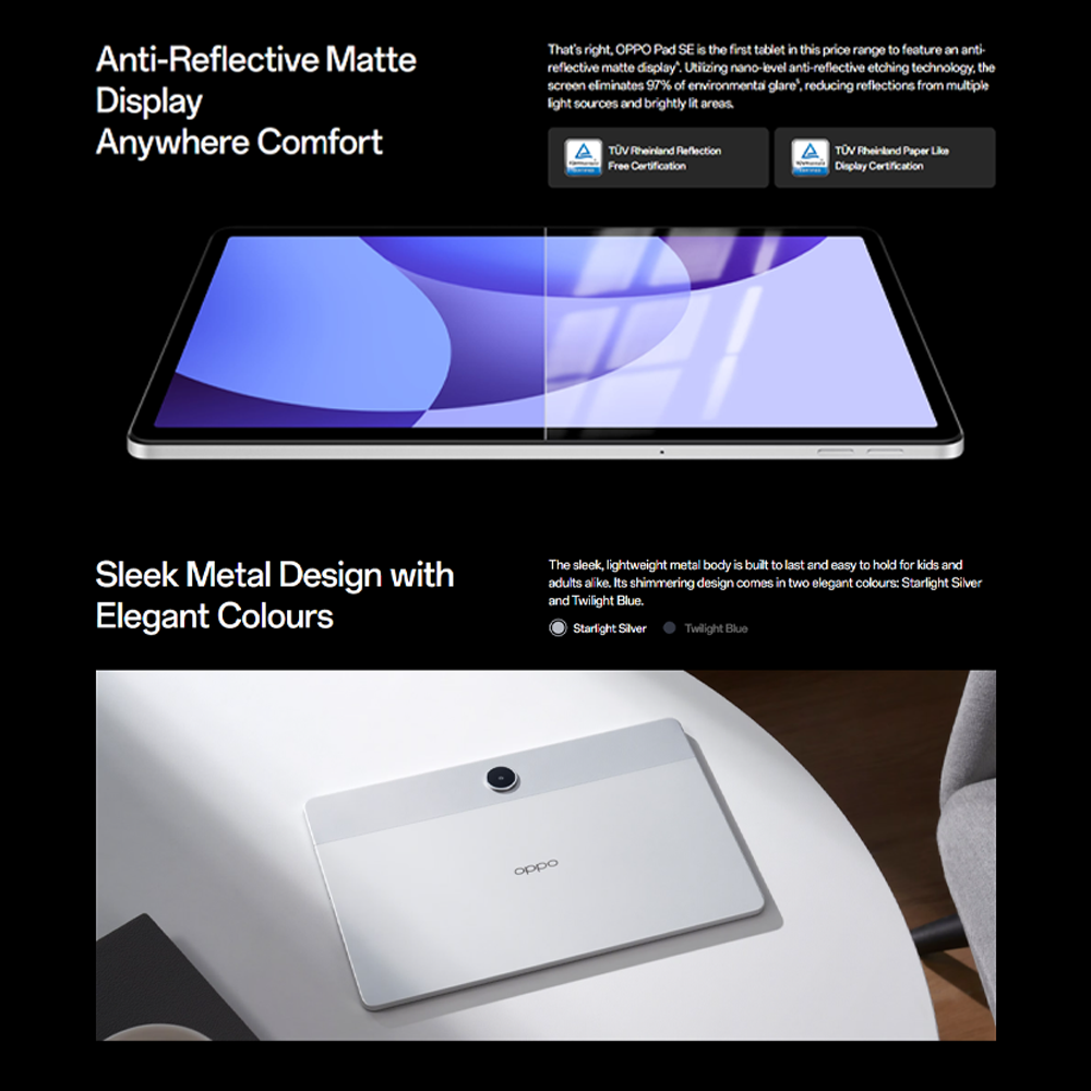 OPPO Pad SE LTE 4GB+128GB Starlight Silver | 9340mAh Long-Lasting Battery | lmmersive Eye-Care Display | Personalized Kids Mode